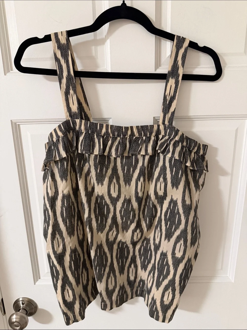J. Crew Ikat Print Ruffle Flounce Tank Top Charcoal Gray/Ecru Boho Size 4
